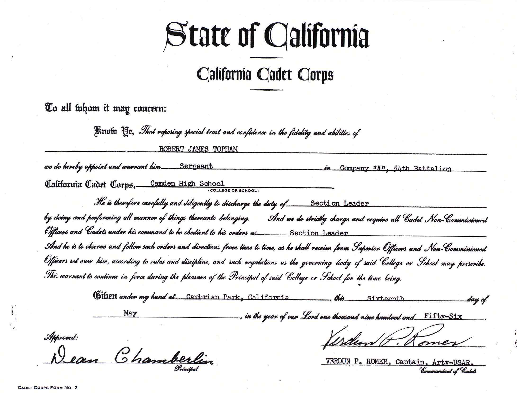 California Cadet Corps NCO Warrant