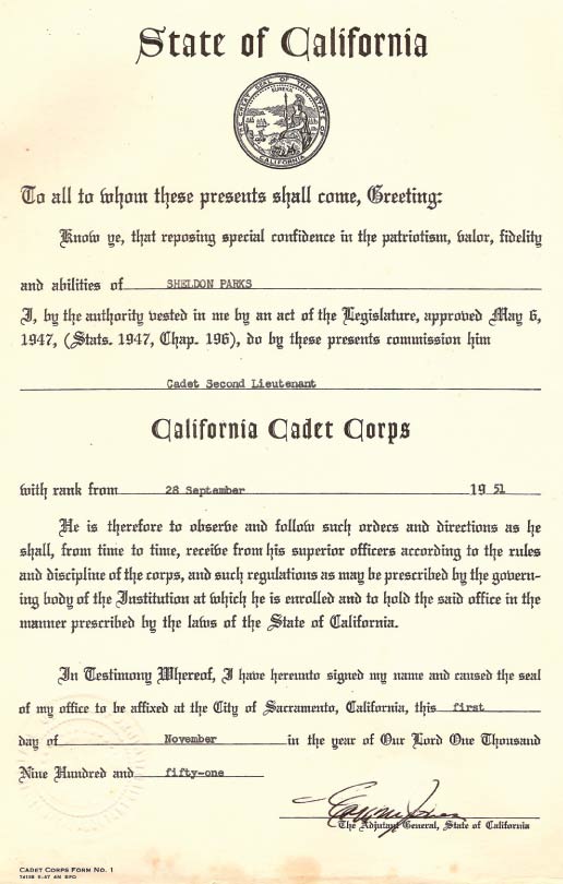 California Cadet Corps Commission Form used in the early 1950's