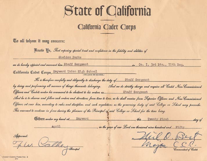 California Cadet Corps NCO Promotion Form used in the early 1950's
